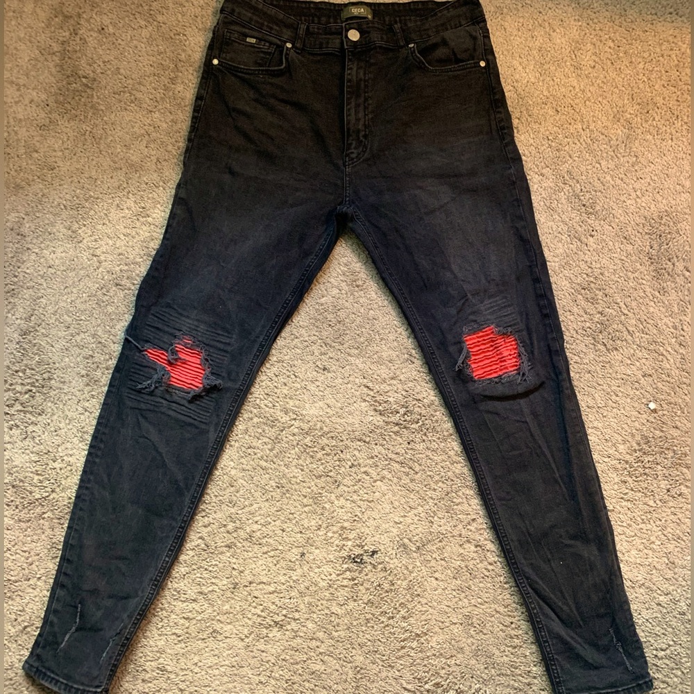 Black Denim skinny jeans W/ red distressed patchwork Amiri style